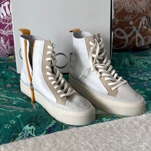 White and Tan Leather High-Top Sneakers